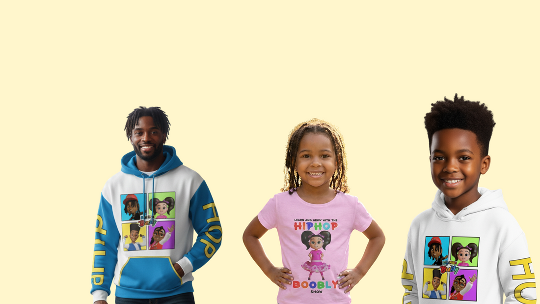 Three children wearing colorful hoodies and shirts on a beige background